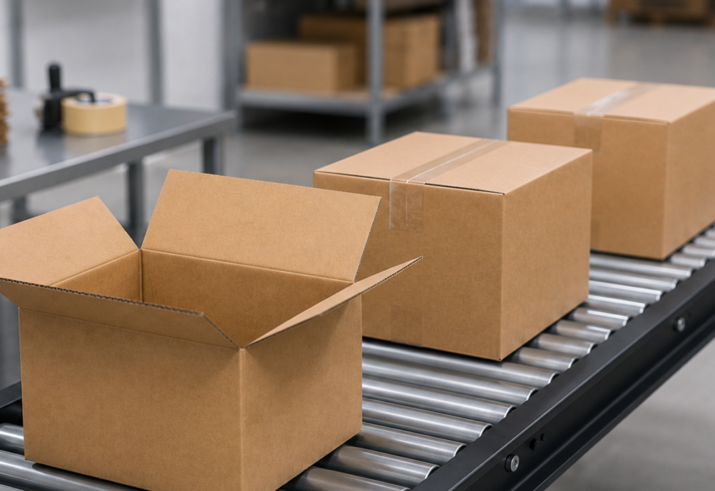 Open dozen op transportband bij dozenopzetmachine
